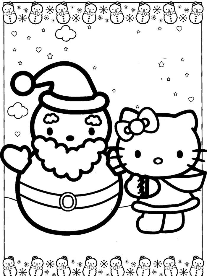 700x935 Hello Kitty With Snowman Santa Coloring Pages
