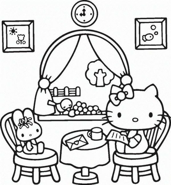 600x650 Hello Kitty Reading Mail Coloring Page