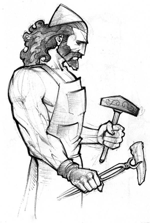 600x889 A Pencil Drawing Of Hephaestus From Greek Mythology Coloring Page