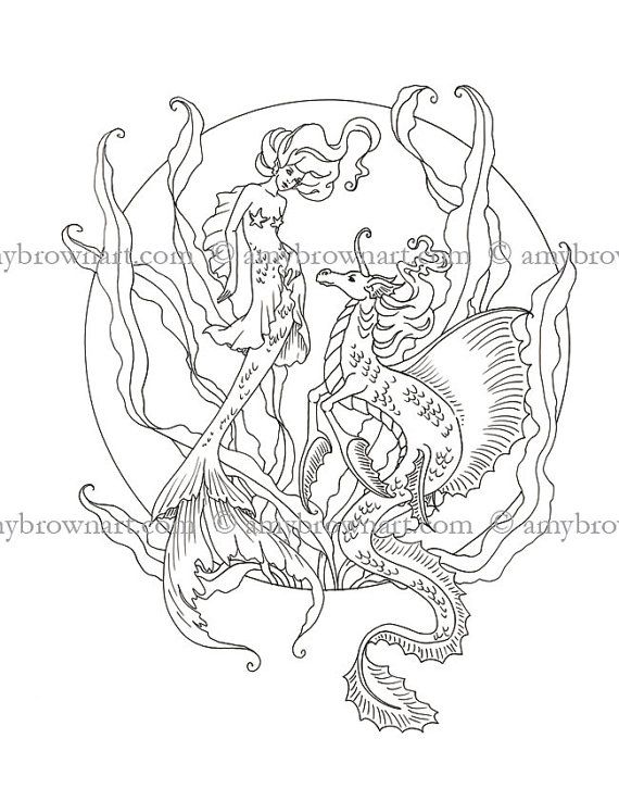 570x737 Coloring Page Mermaid And Hippogriff By Coloryourfantasy On Etsy