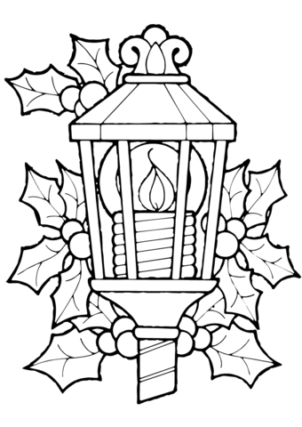 340x480 Christmas Lantern And Holly Coloring Page Invierno, Navidad