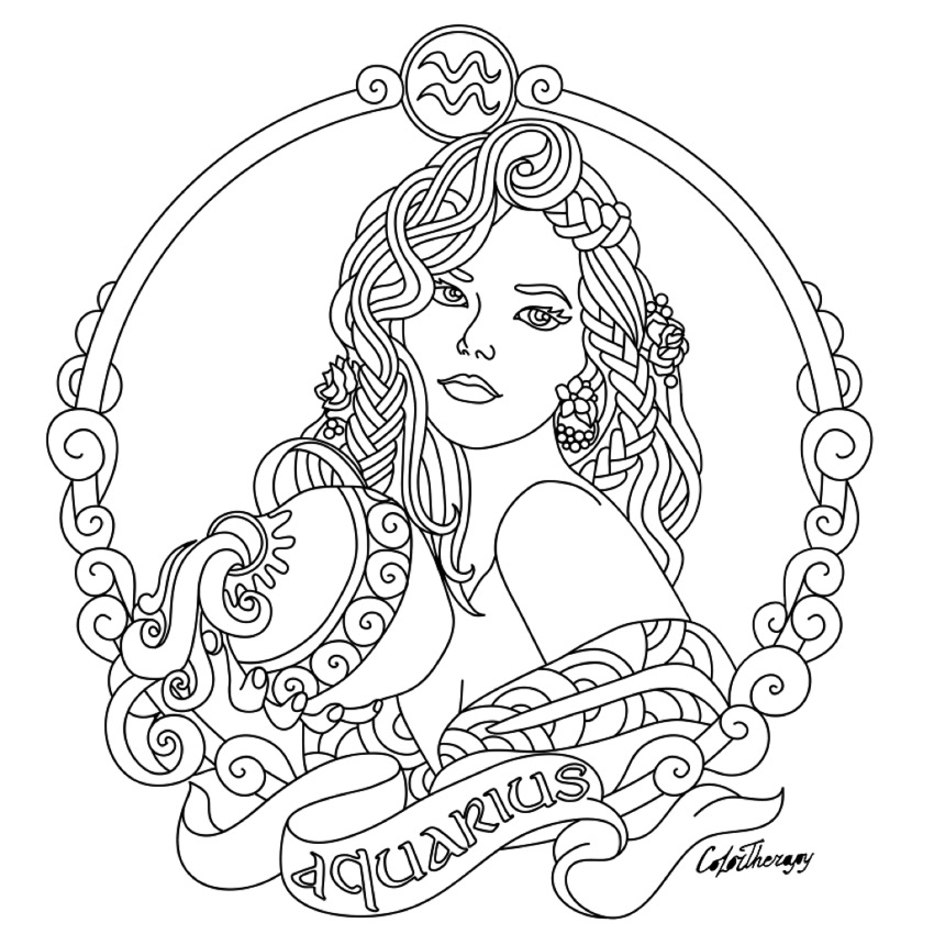 850x850 Aquarius Zodiac Beauty Colouring Page Parchment Craft