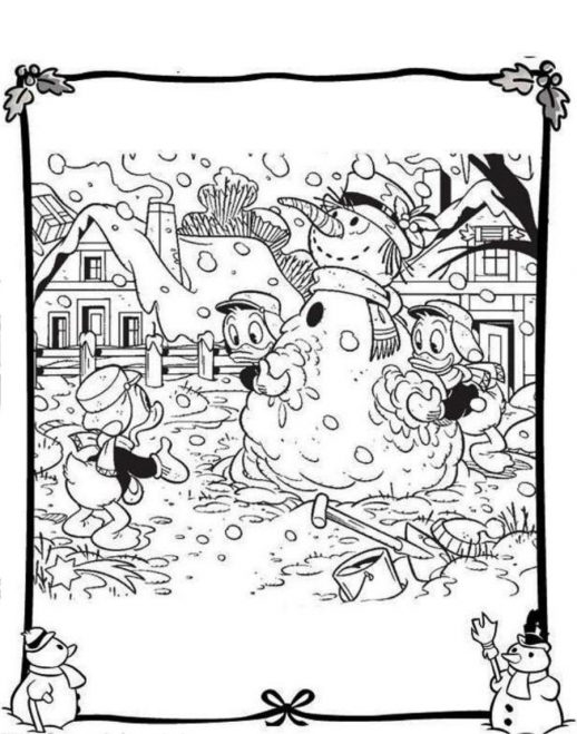 518x659 Huey Dewey And Louie Duck With Christmas Snowman Disney Coloring