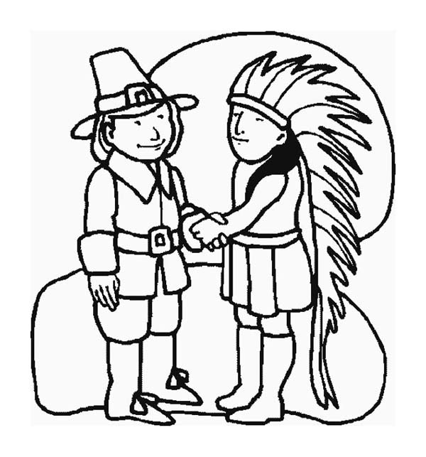 600x643 A Pilgrim And Indian Chief Shaking Hand On Thanksgiving Day