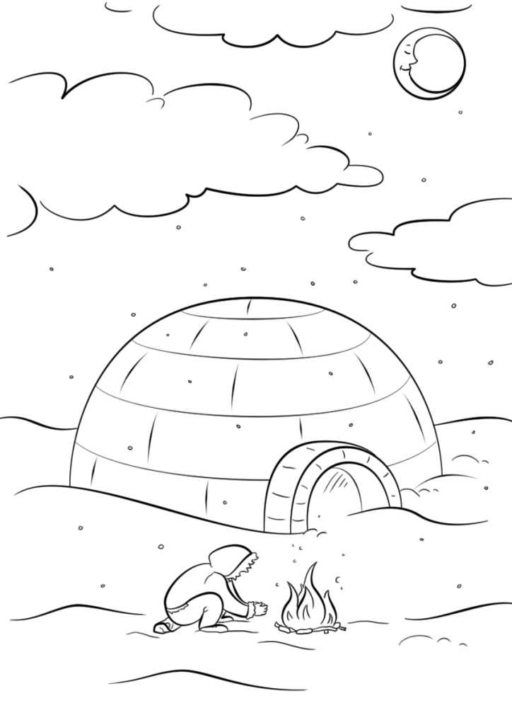 724x1024 Inuit Eskimo Sitting By A Bonfire In Front Of Igloo Coloring Page
