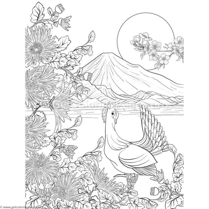 700x700 Japanese Painting Fuji Mountain And Flowers Coloring Pages