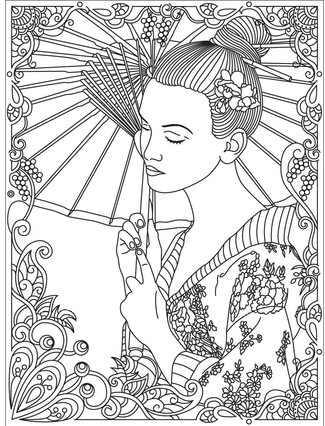 1045x1369 Marvelous Japan Geisha With Fan By Krystsina Birukova Coloring