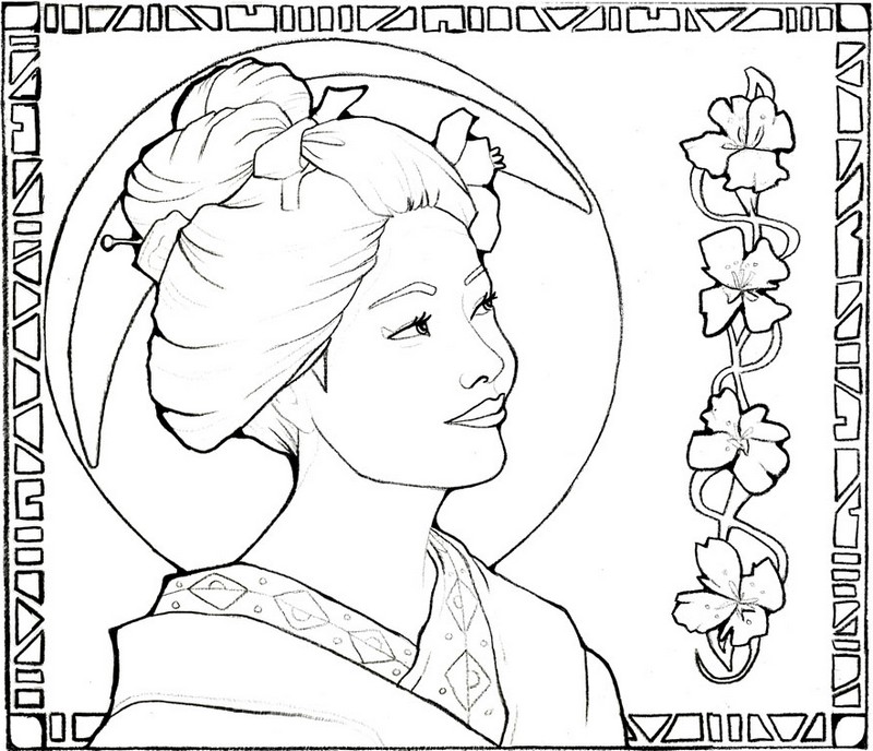 800x688 Adult Coloring Page Japan Japan Geisha Girl In The Moonlight 13
