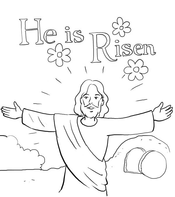 600x677 He Is Risen In Jesus Resurrection Coloring Page