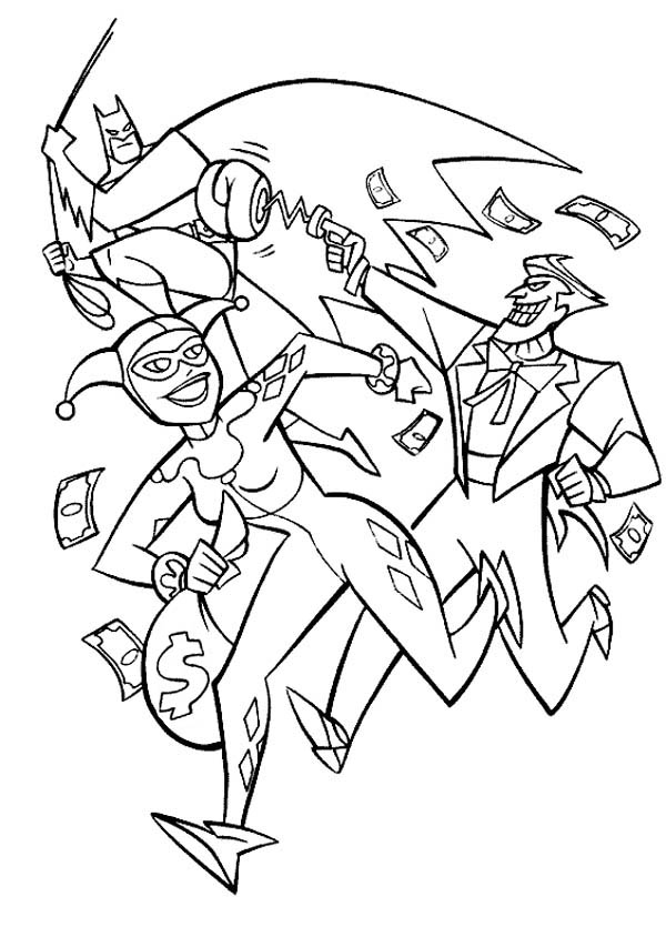 600x835 Joker And Harley Quinn Pursued By Batman Coloring Page