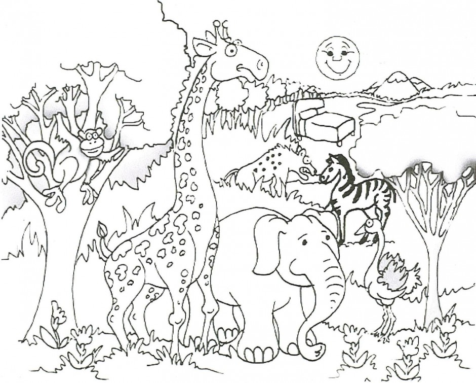 940x755 Preschool Jungle Coloring Pages With Giraffe Elephant Monkey Zebra