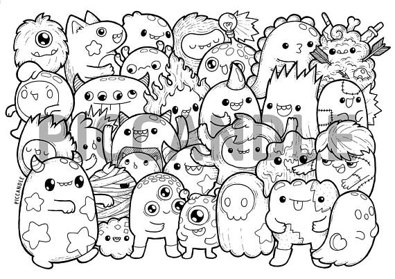 570x403 Monsters Doodle Coloring Page Printable Cutekawaii Coloring