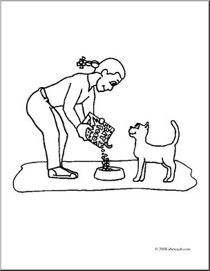 304x392 Clip Art Kids Chores Feeding The Cat (Coloring Page) I Abcteach