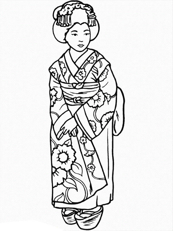 600x799 Beautiful Geisha Wearing Kimono Coloring Page