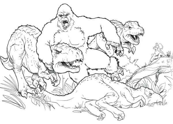 600x429 King Kong Coloring Pages Super King Versus Three Dinosaur Coloring