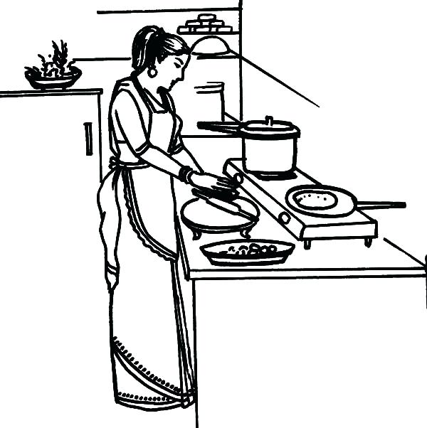 600x602 Cooking Coloring Pages Kitchen Mother Cooking Dinner In