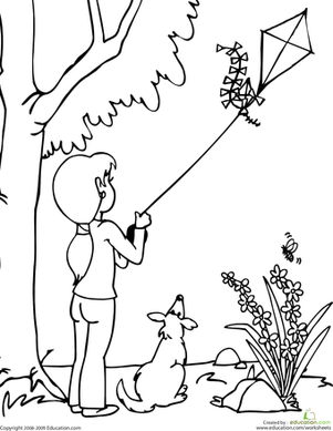 301x389 Color The Kite Flying Scene Worksheet