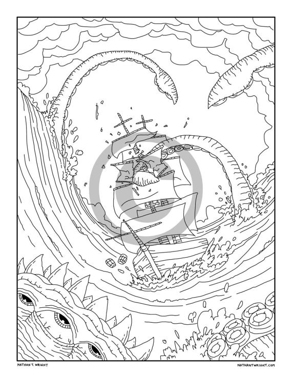 570x738 Items Similar To Kraken Coloring Page, Printable Adult Coloring