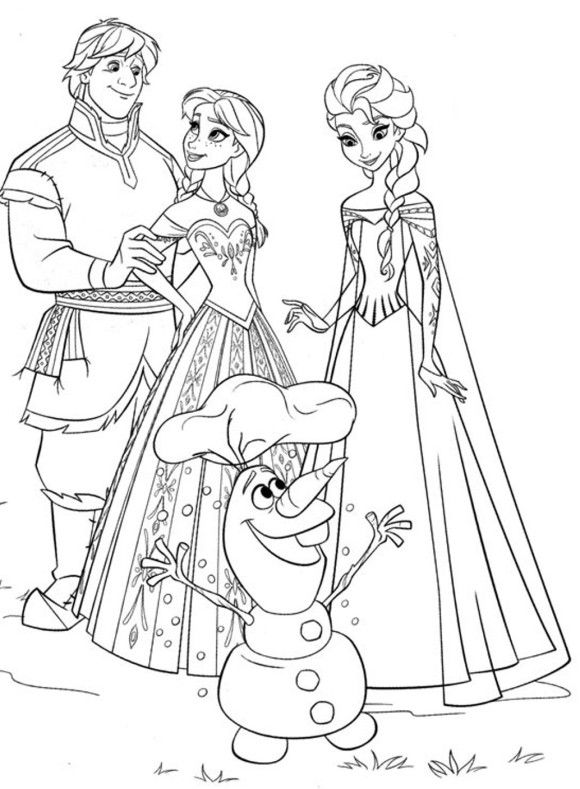 580x789 Olaf, Kristoff, Anna, Elsa Free Frozen Coloring Page Dance Camp