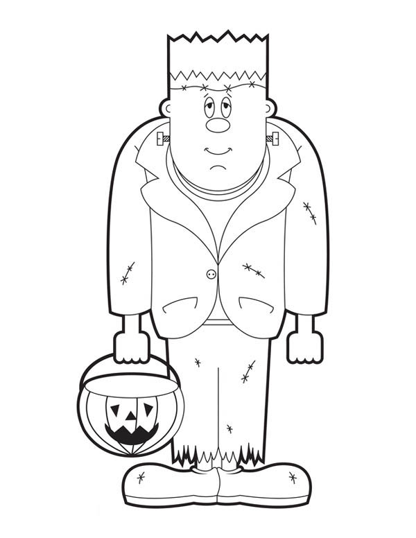 600x776 Frankenstein With Pumpkin Lamp Coloring Page