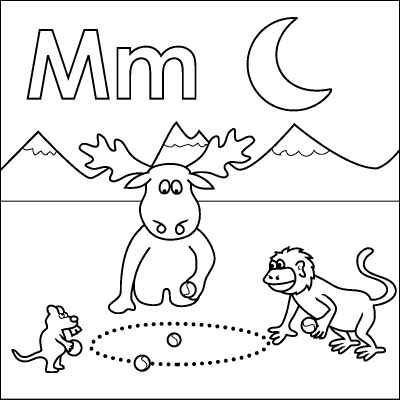 400x400 Letter M Coloring Page (Monkey, Moose, Mouse, Marbles, Moon