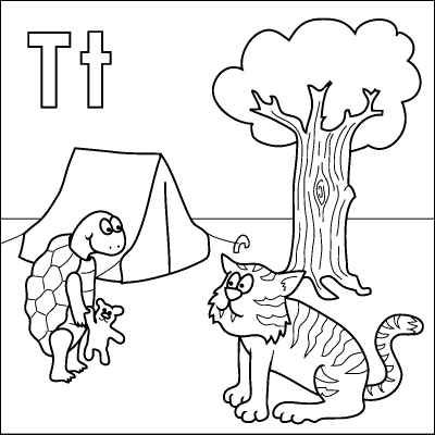 400x400 Letter T Coloring Page (Tortoise, Tiger, Teddy, Tent, Tree). Color