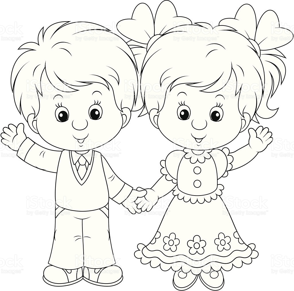 1024x1015 Largest Little Boy And Girl Coloring Pages Waving Stock Vector Art