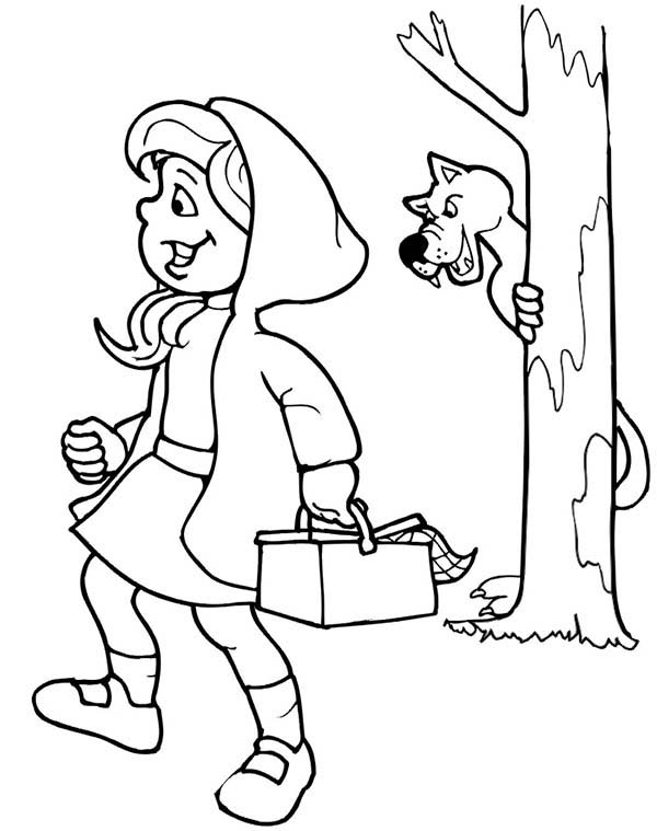 600x759 Wolf Hiding Behind Tree In Little Red Riding Hood Coloring Pages