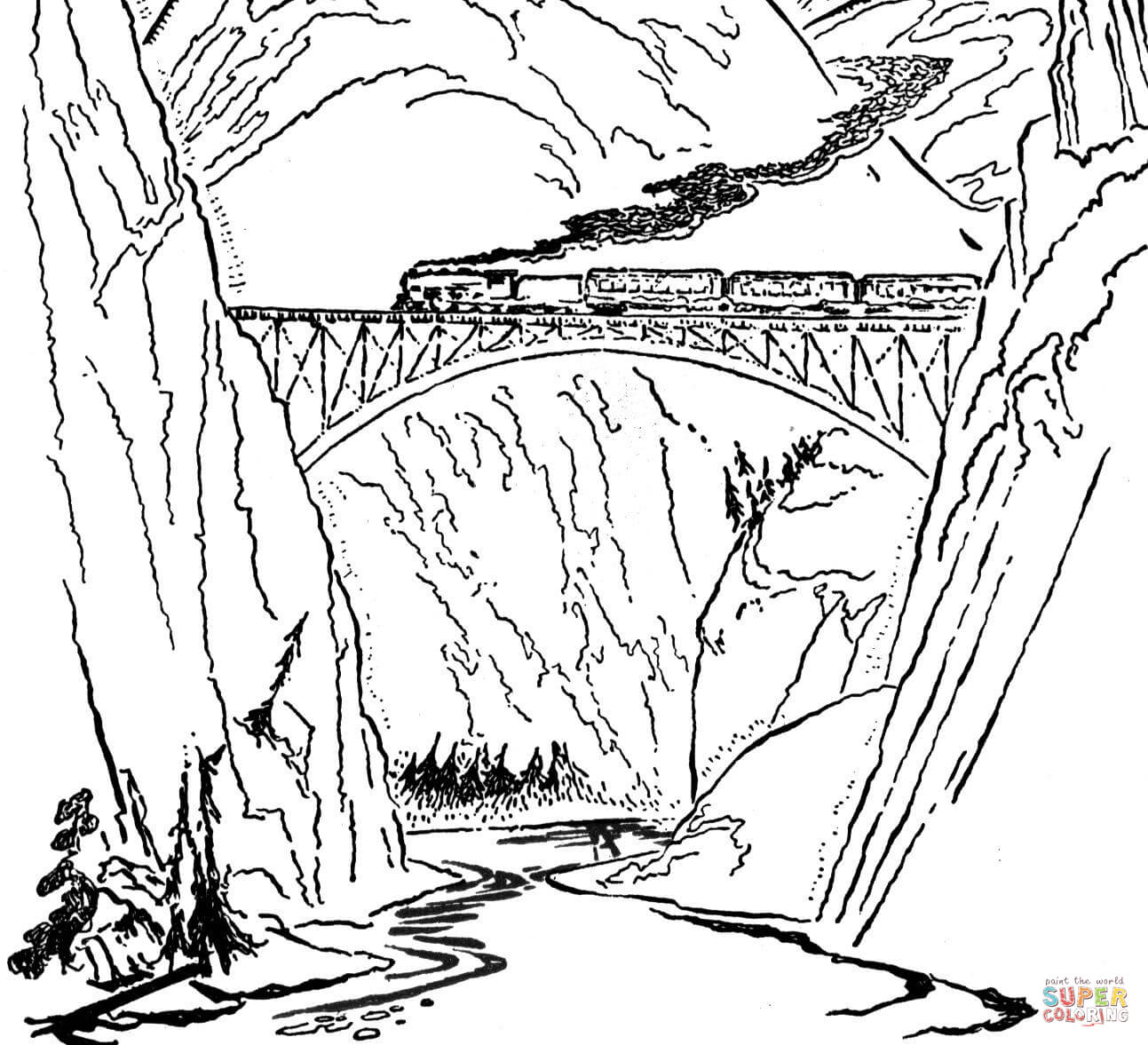 1293x1177 Train On The Bridge Coloring Page Free Printable Pages Throughout