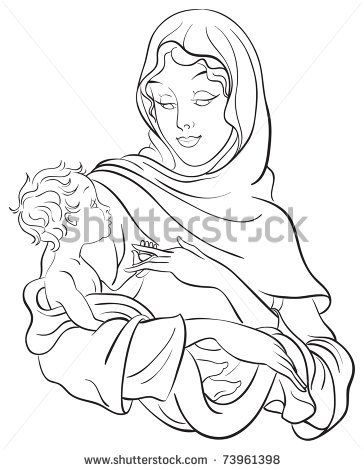 364x470 Outlined Illustration Of A Madonna And Child Jesus. Coloring Page
