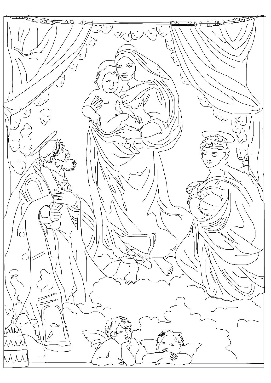 1131x1600 Raphael's Sistine Madonna Catholic Coloring Page. (The Two Saints