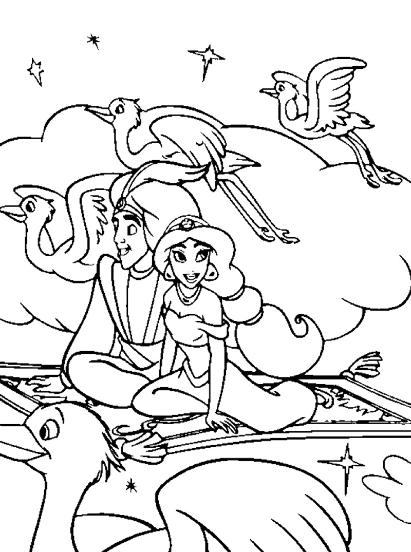 800x1075 Aladdin And Jasmine Flying With Magic Carpet Coloring Page