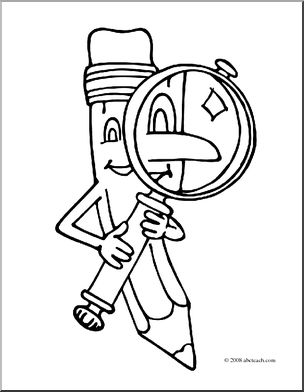 304x392 Clip Art Cartoon Pencil W Magnifying Glass (Coloring Page) I