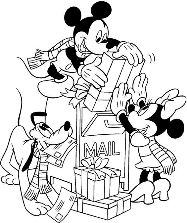 600x715 Mickey Minnie Pluto Christmas Mail Coloring Page
