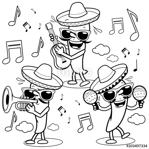 500x500 Cartoon Mariachi Peppers Wearing Sombreros And Playing Music