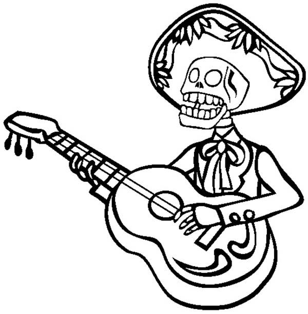600x612 Mariachi Skeleton Playing Guitar Coloring Page