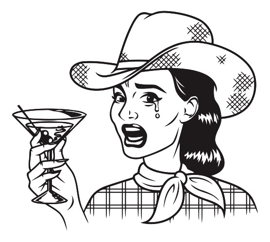 556x498 Vintage Retro Crying Cowgirl Drinking Martini Line Art Icon
