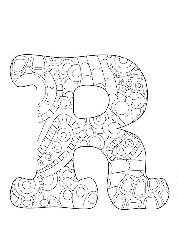 570x806 Letter R, Adult, Coloring Page, Colored Pencils, Monogram, Initial