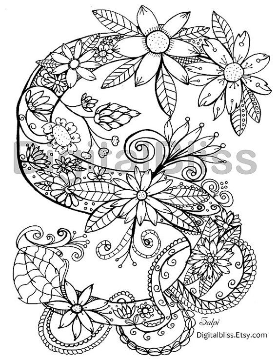 570x738 Adult Coloring Page Instant Download Monogram Floral S Coloring