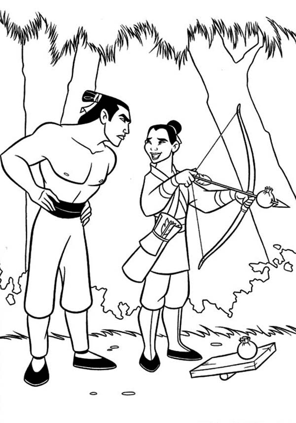 600x857 Mulan And Li Shang Practising Archery Coloring Page