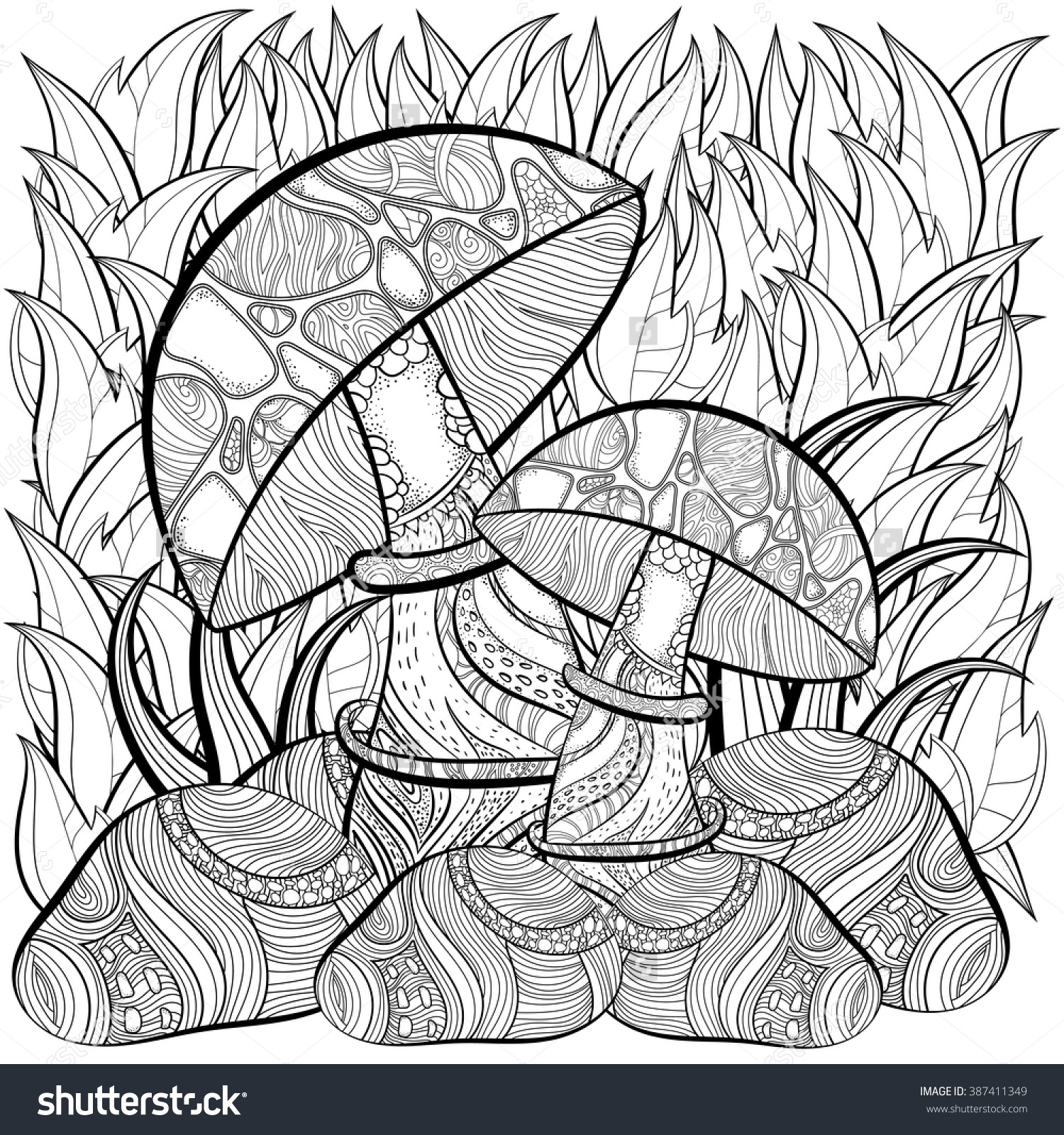 1500x1600 Scene With 2 Mushrooms Zentangle Coloring Page Shutterstock