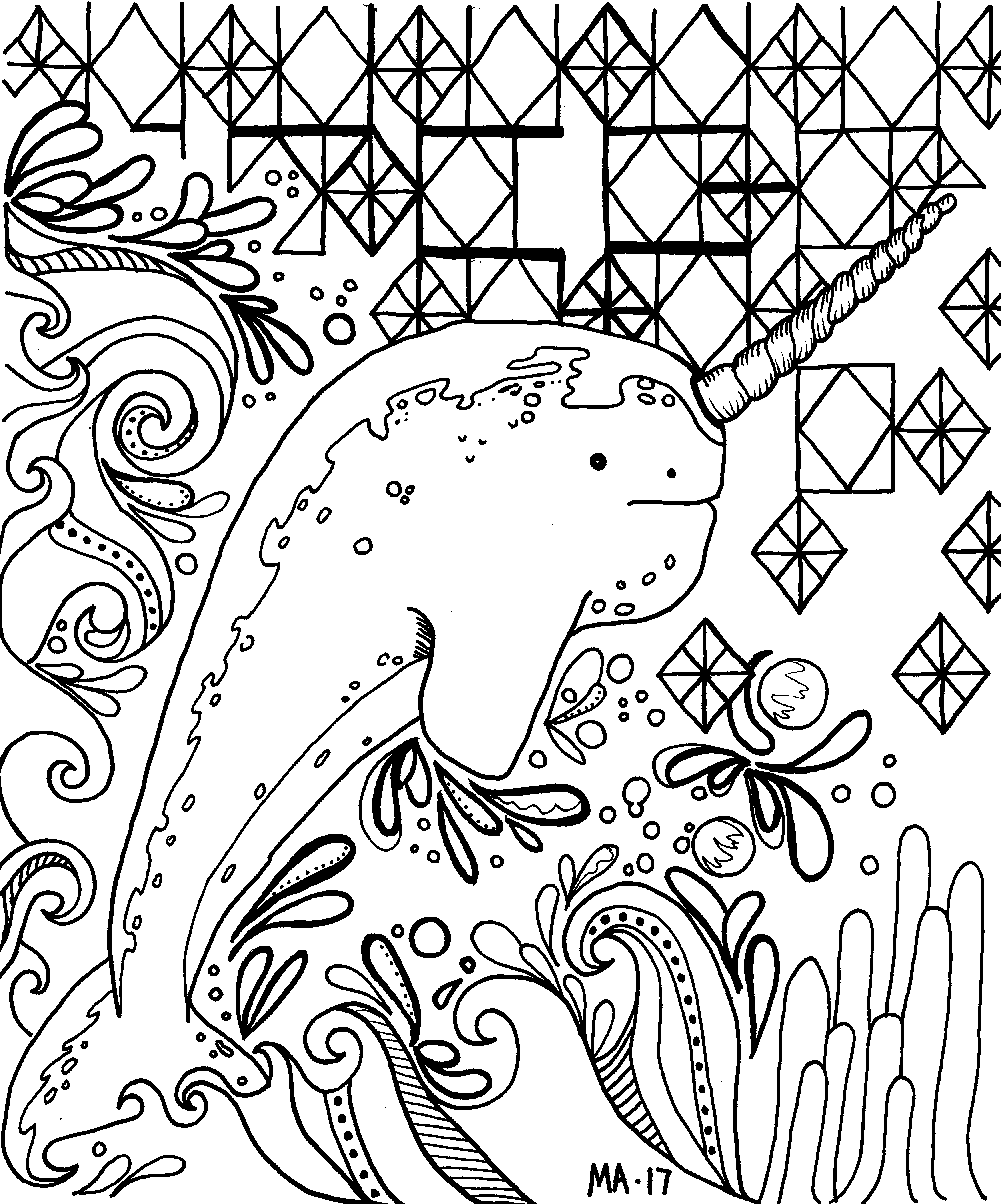 3002x3609 Narwhal Coloring Page.