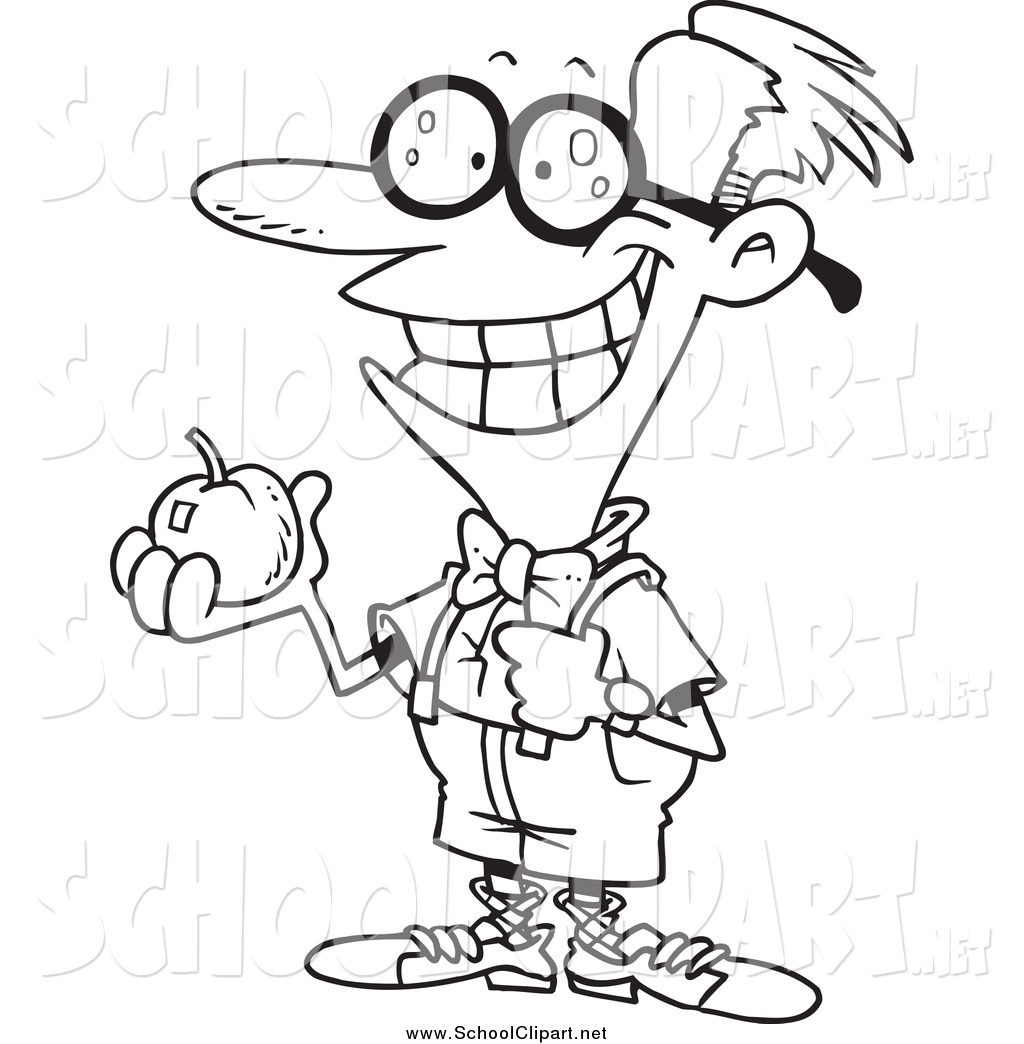 1024x1044 Clip Art Of A Black And White Nerdy School Boy Holding An Apple By