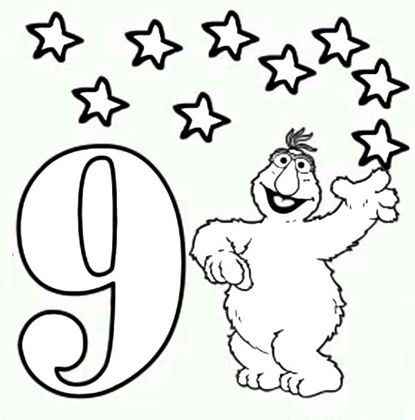 600x606 Learn Number 9 With Nine Stars In Sesame Street Coloring Page