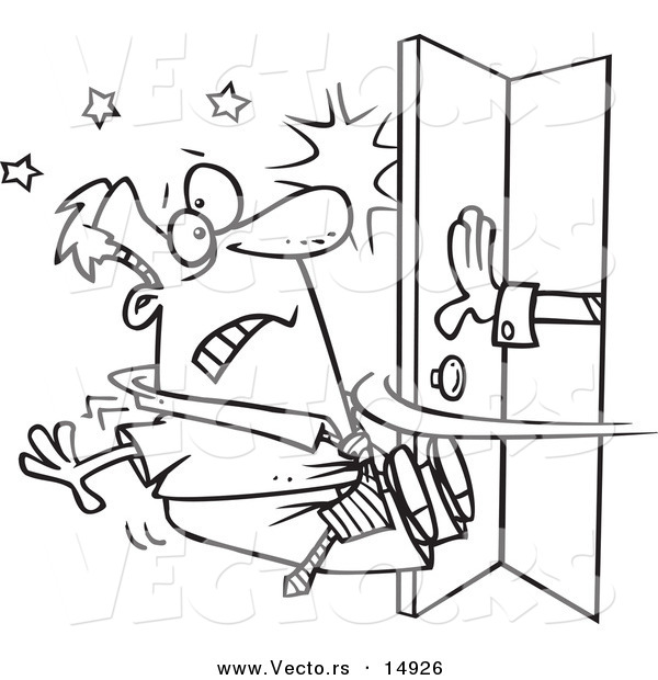 600x620 Vector Of A Cartoon Hand Pushing Open A Door And Knocking A Man