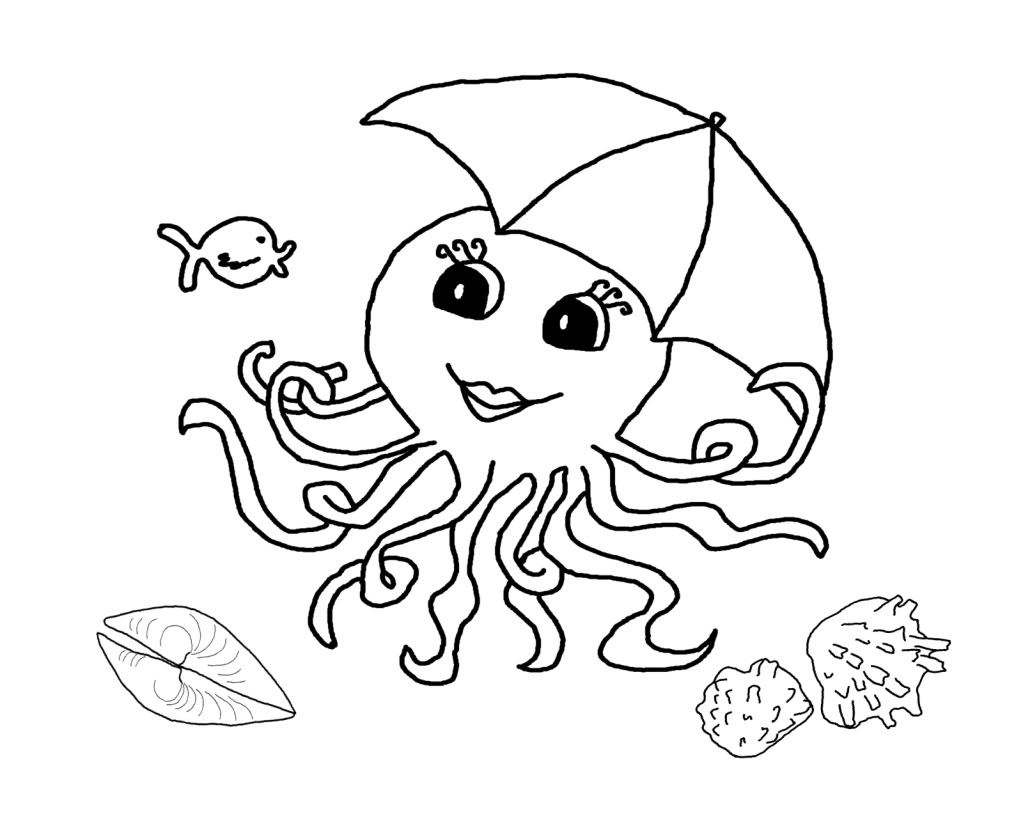 1023x837 Outline Of Octopus And Seashells Coloring Page For Kids
