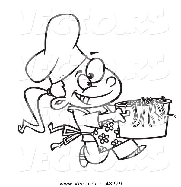 600x620 Vector Of A Happy Cartoon Girl Chef Carrying A Pot Of Pasta
