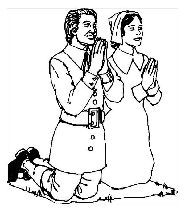 600x692 Devoted Pilgrims Doing Pray On Thanksgiving Day Coloring Page