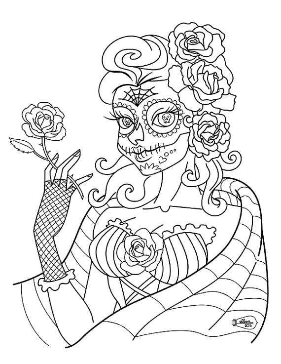 570x737 Sugar Skull Senorita Adult Coloring Page Digital Stamp