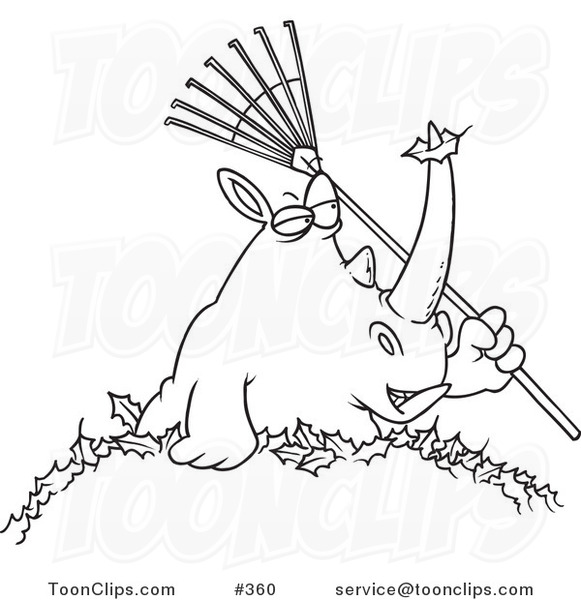 581x600 Cartoon Coloring Page Line Art Of A Rhino Holding A Rake In A Pile